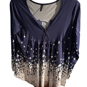 Allegrace Navy and White Floral Dip-Dye Henley Tunic 1X
